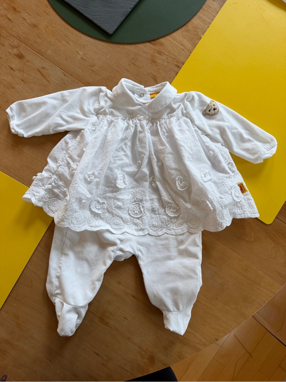 Steiff White Embroidered Footed One-Piece Romper